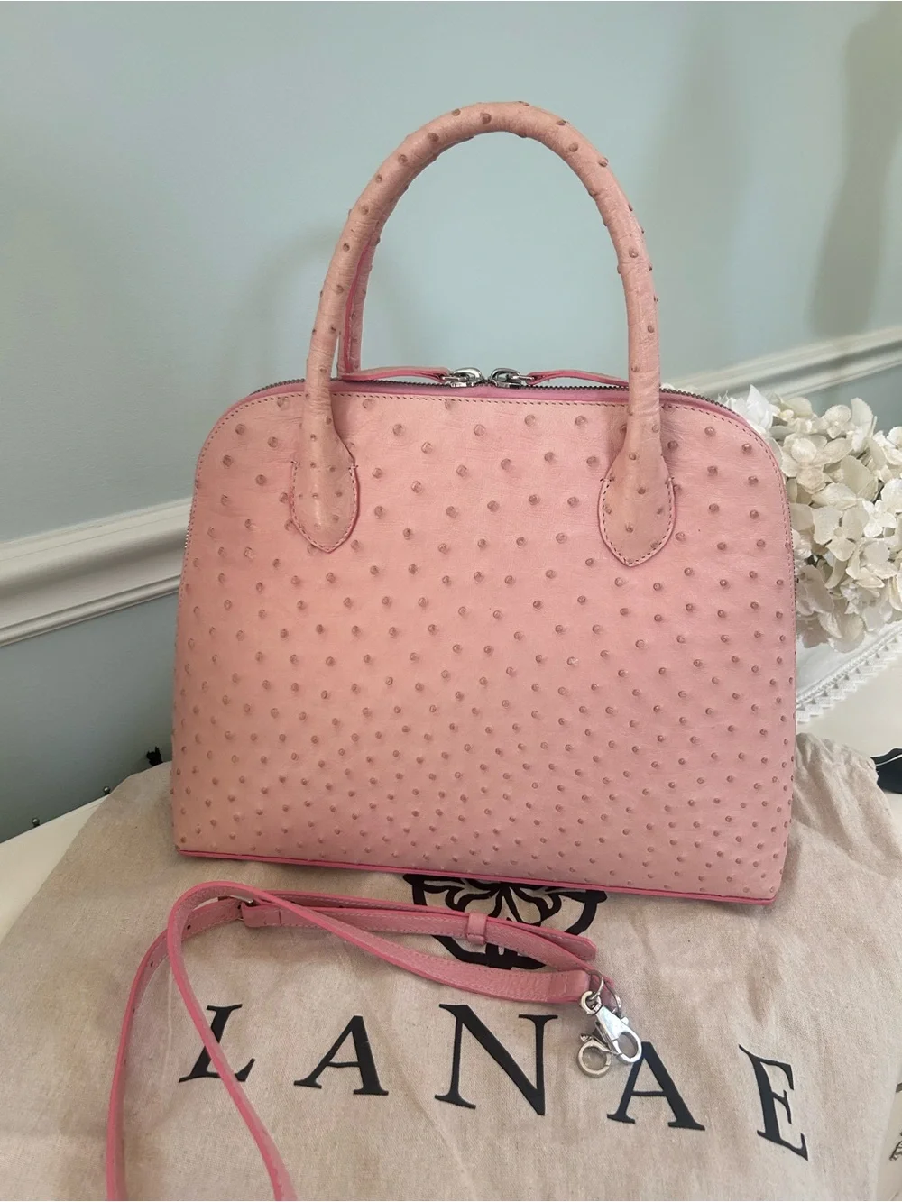 Pink Genuine Ostrich Leather LaNae Exotic  Satchel Tassel and Crossbody Strap